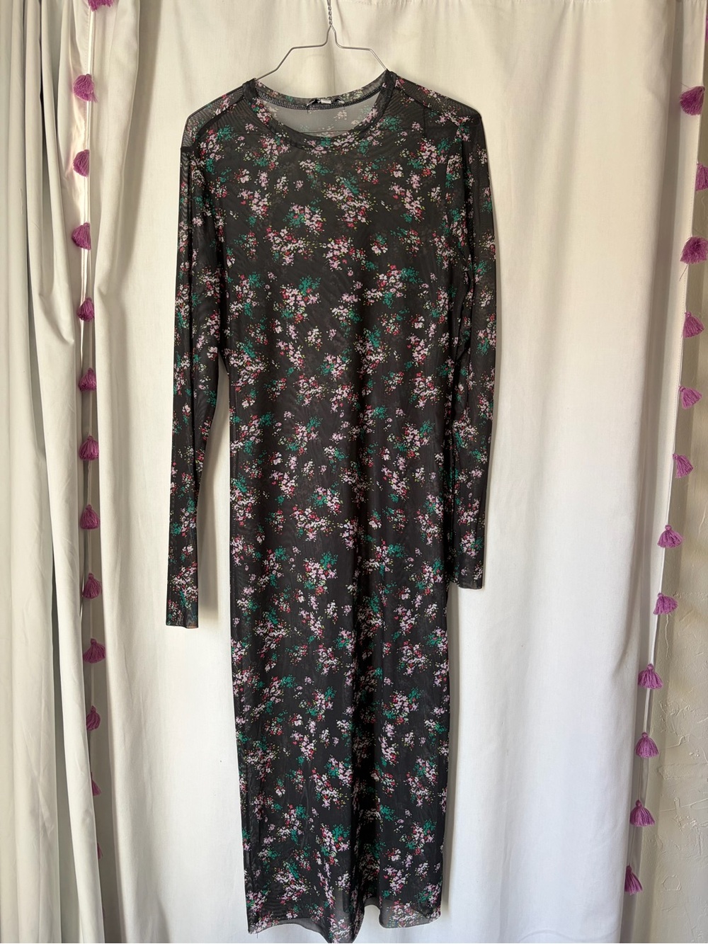 AFRM Black Floral Long Sleeve Fine Mesh Bodycon Dress with Dark Floral Pattern
